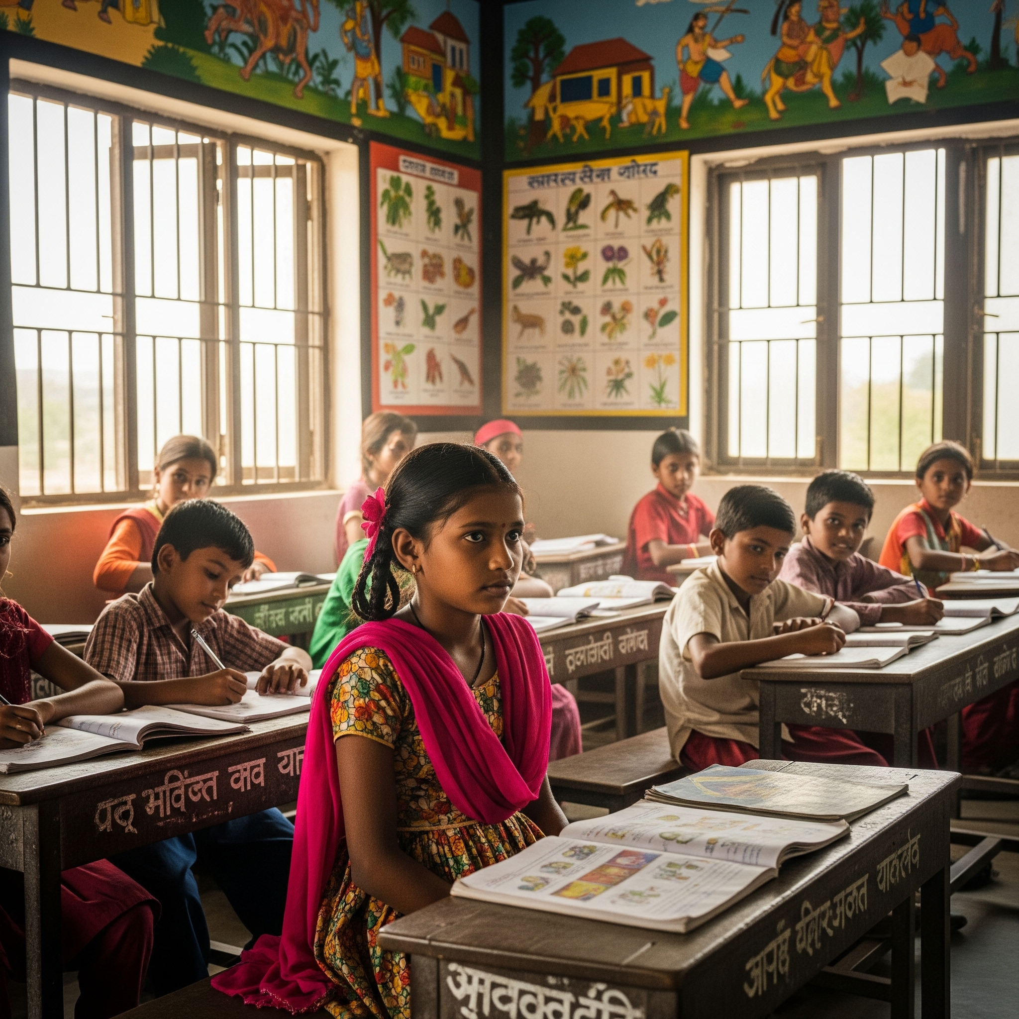 Girls studying and learning in school